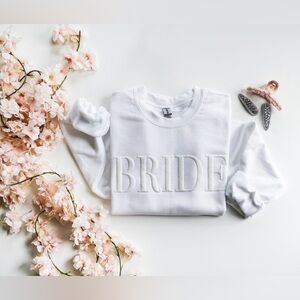 White “Bride” Embossed Crewneck Sweatshirt | Bridal Shower | Honeymoon | Small